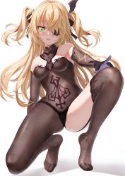 Rule 34 | 1girl, ass, bae.c, bare shoulders, black gloves, blonde hair, bodysuit, bow, bowtie, breasts, brooch, brown thighhighs, cameltoe, detached sleeves, eyepatch, feathers, fine fabric emphasis, fischl (genshin impact), fishnets, garter straps, genshin impact, gloves, hair ornament, hair over one eye, highres, jewelry, long hair, long sleeves, looking at viewer, no shoes, on one knee, open mouth, revealing clothes, simple background, single leg pantyhose, single thighhigh, small breasts, solo, thighhighs, thighs, two side up, white background