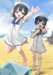 Rule 34 | 2girls, arms up, barefoot, beach, black hair, blue eyes, blue sailor collar, blue sky, bob cut, cloud, commentary request, daitou (kancolle), day, dress, hat, hiburi (kancolle), highres, jumping, kantai collection, low ponytail, multiple girls, outdoors, sailor collar, sailor dress, sailor hat, short hair, short sleeves, sky, standing, white dress, white headwear, yashin (yasinz)