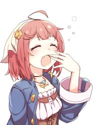 Rule 34 | 1girl, ahoge, atelier (series), atelier sophie, blue coat, blush, coat, fang, head scarf, highres, jewelry, long sleeves, namaata, necklace, open mouth, red hair, short hair, simple background, skin fang, solo, sophie neuenmuller, tears, upper body, white background, wide sleeves, yawning