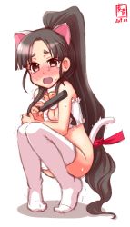 Rule 34 | 1girl, alternate costume, anal tail, animal ears, artist logo, bell, black hair, blush, brown eyes, cat cutout, cat ears, cat lingerie, cat tail, choker, cleavage cutout, clothing cutout, cosplay, dated, embarrassed, fake tail, flat chest, folding fan, full body, hair ornament, hair ribbon, hair tie, hand fan, headgear, high ponytail, highres, kanon (kurogane knights), kantai collection, long hair, looking at viewer, meme attire, multi-tied hair, neck bell, nisshin (kancolle), no panties, open mouth, panties, red ribbon, ribbon, short eyebrows, side-tie panties, signature, simple background, solo, squatting, sweatdrop, tail, tears, thick eyebrows, underwear, very long hair, white background, white legwear