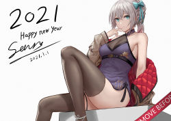 Rule 34 | 1girl, 2021, artist name, blue eyes, bow, chinese clothes, dated, finger to mouth, girls&#039; frontline, hair bow, jacket, jacket on shoulders, looking at viewer, lwmmg (girls&#039; frontline), lwmmg (golden starthistle) (girls&#039; frontline), no bra, official alternate costume, ponytail, selcky, sitting, sitting on object, solo, thighhighs, thighs, white background