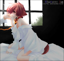 Rule 34 | 1girl, :d, animal ears, arm support, bare shoulders, bed, bed sheet, blueberry jam, chain, clothes pull, collar, dog ears, dog tail, dress shirt, fang, flat chest, goshujinsama, grabbing another&#039;s chin, hand on another&#039;s chin, hand on own chin, hinata (pure pure), leaning forward, leash, no bra, no pants, off shoulder, official art, open mouth, pink eyes, pink hair, pure pure, sakurazawa izumi, shirt, shirt pull, short hair, sitting, smile, socks, solo focus, spread legs, tail, window