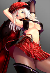 Rule 34 | 10s, 1girl, alisa ilinichina amiella, armpits, arms behind head, arms up, black footwear, black pantyhose, blue eyes, boots, breasts, covered erect nipples, elbow gloves, female focus, gloves, god eater, hat, highres, large breasts, long hair, midriff, navel, pantyhose, rosa tsubomi, skirt, solo, suspender skirt, suspenders, thigh boots, thighhighs, underboob, weapon