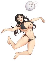 Rule 34 | 1girl, ajidot, armpits, ball, barefoot, bikini, black bikini, black eyes, black hair, breasts, cleavage, covered erect nipples, full body, highres, jumping, large breasts, long hair, looking up, navel, open mouth, original, playing sports, side-tie bikini bottom, simple background, solo, swimsuit, untied bikini, volleyball, volleyball (object), wardrobe malfunction