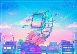 Rule 34 | 1girl, apple watch, aqua nails, artist name, blue sky, border, building, city, cloud, commentary, crescent moon, evening, female pov, fish, hand up, highres, holding, jewelry, lamppost, long sleeves, moon, multicolored nails, multiple rings, nail polish, neon lights, neon tetra, original, out of frame, outdoors, pov, pov hands, purple nails, ring, sky, sleeves past wrists, smartwatch, solo, sparkle, tropical fish, wacca005, watch, wristwatch