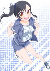 Rule 34 | 1girl, :d, black hair, blue jacket, blue ribbon, blue shorts, blush, braid, collarbone, full body, hair ribbon, jacket, long hair, looking at viewer, makicha (sasurainopink), narumi tsubame, new game!, open clothes, open jacket, open mouth, orange eyes, parted bangs, ribbon, shirt, shoes, short shorts, short sleeves, shorts, side ponytail, sketch, smile, sneakers, solo, striped clothes, striped shirt