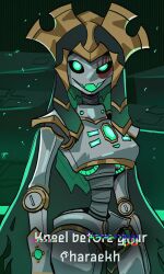 Rule 34 | absurdres, basedbinkie, cape, chest jewel, facepaint, fang, glitch, glowing, glowing eyes, glowing mouth, gold trim, green eyes, highres, necron, original, robot, tagme, warhammer 40k