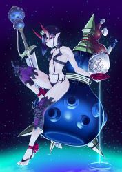 Rule 34 | 1girl, absurdres, alcohol, ankle ribbon, bare shoulders, barefoot sandals (jewelry), blue background, bob cut, bottle, breasts, collarbone, cup, eyeliner, fate/grand order, fate (series), feet, gourd, gradient background, haiiro gundan, headpiece, highres, horns, knee up, leg ribbon, legs, looking at viewer, makeup, navel, oni, pointy ears, pouring, purple eyes, purple hair, red ribbon, revealing clothes, ribbon, ripples, sakazuki, sake, short hair, shuten douji (fate), skin-covered horns, small breasts, smile