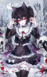 Rule 34 | 1girl, :d, animal ears, black choker, black dress, black hair, black thighhighs, bug, butterfly, cat ears, choker, claw pose, cowboy shot, dress, flower, highres, insect, long hair, long sleeves, looking at viewer, nail polish, open mouth, original, red eyes, red flower, red nails, red rose, rose, sheya, smile, solo, standing, thighhighs, twintails, very long hair, zettai ryouiki