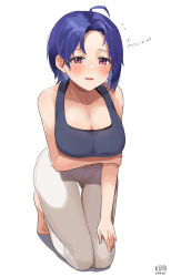Rule 34 | 1girl, :d, ahoge, artist name, bare arms, bare shoulders, barefoot, blue hair, blush, breasts, cleavage, collarbone, dated, flying sweatdrops, full body, gluteal fold, hand on own arm, highres, idolmaster, idolmaster (classic), kneeling, large breasts, leaning forward, looking at viewer, miura azusa, myeolchi, open mouth, pants, purple eyes, short hair, simple background, smile, solo, sports bra, thigh gap, translation request, white background, white pants, yoga pants