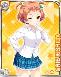 Rule 34 | 1girl, blue skirt, brown hair, card, character name, closed eye, closed mouth, gift, girlfriend (kari), kishida chie, official art, orange background, plaid, plaid skirt, qp:flapper, shirt, skirt, smile, solo, strap, tagme, twintails, white shirt, yellow eyes