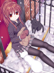 Rule 34 | 1girl, brown eyes, brown hair, cat, gloves, ikeda yuuki, lennon, little busters!, natsume rin, pantyhose, ponytail, solo