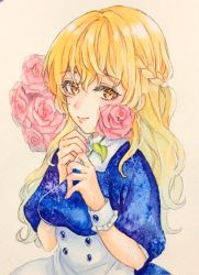 1girl blonde_hair bow braid dress female_focus flower highres kirisame_marisa long_hair looking_at_viewer nail_polish painting_(medium) rose selenium side_braid simple_background solo touhou traditional_media watercolor_(medium)