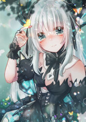 Rule 34 | 1girl, absurdres, bare shoulders, black bow, black bowtie, black dress, black ribbon, black wrist cuffs, bow, bowtie, detached collar, detached sleeves, dress, grey eyes, grey hair, hair ribbon, highres, liv: empyrea (dreamcatcher) (punishing: gray raven), liv: empyrea (punishing: gray raven), liv (punishing: gray raven), long hair, misoso 25, official alternate costume, puffy sleeves, punishing: gray raven, ribbon, short sleeves, sidelocks, solo, straight hair, strapless, strapless dress, wing hair ornament, wrist cuffs