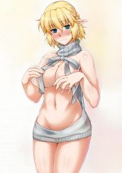 Rule 34 | 1girl, alternate costume, bad id, bad twitter id, bare arms, bare back, bare shoulders, blonde hair, blush, breasts, closed mouth, cowboy shot, dress, eyes visible through hair, frown, green eyes, groin, highres, large breasts, meme attire, midriff, mizuhashi parsee, navel, no panties, nose blush, ootsuki wataru, pointy ears, ribbed sweater, short hair, solo, stomach, sweater, sweater dress, touhou, virgin killer sweater, wardrobe error, wavy mouth