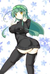 Rule 34 | 1girl, ahoge, ass, black thighhighs, blush, breasts, covered erect nipples, from behind, green hair, highres, huge breasts, long hair, looking at viewer, panties, pantyshot, shiny skin, smile, solo, thighhighs, touhoku zunko, underwear, vocaloid, yellow eyes