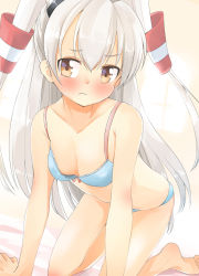 Rule 34 | 10s, 1girl, aiba kou, all fours, amatsukaze (kancolle), arm support, blue bra, blue panties, blush, bow, bow bra, bra, breasts, brown eyes, grey hair, kantai collection, lace, lace-trimmed bra, lace trim, long hair, panties, small breasts, solo, sweatdrop, twintails, two side up, underwear, underwear only, very long hair