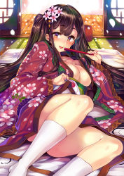 Rule 34 | 1girl, :p, blunt bangs, blush, breasts, brown eyes, brown hair, cleavage, collarbone, commentary request, day, eyelashes, fingernails, floral print, flower, folded fan, folding fan, futon, hair flower, hair ornament, hand fan, highres, holding, holding fan, indoors, japanese clothes, kimono, kneehighs, large breasts, long fingernails, long hair, looking at viewer, lying, nail polish, no bra, no panties, obi, off shoulder, on back, open clothes, open kimono, original, petals, pink nails, porch, sash, shiokonbu, sitting, sliding doors, smile, socks, solo, tatami, thighs, tongue, tongue out, twintails, veranda, very long hair, white socks, wide sleeves