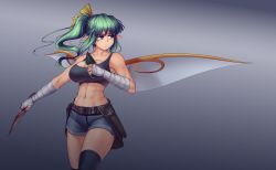 Rule 34 | 1girl, abs, alternate costume, bandaged arm, bandages, belt, breasts, cleavage, collarbone, cowboy shot, daiyousei, dual wielding, fairy wings, frown, gradient background, green hair, grey background, hair ribbon, hater (hatater), highres, holding, kunai, large breasts, long hair, looking away, midriff, navel, pointy ears, ribbon, serious, sheath, shorts, side ponytail, solo, tank top, thighhighs, toned, touhou, weapon, wings, wrist wrap, zettai ryouiki
