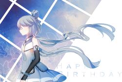 Rule 34 | 1girl, bare shoulders, black sleeves, bracelet, chinese commentary, commentary, detached sleeves, closed eyes, floating hair, floral print, from side, grey hair, hair rings, happy birthday, highres, jewelry, long hair, luo tianyi, necktie, night, night sky, shirt, skirt, sky, sleeveless, sleeveless shirt, solo, upper body, very long hair, vocaloid, vsinger, white shirt, white skirt, yue yuan (1234qwea)