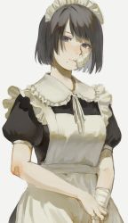 Rule 34 | 1girl, apron, bandaged arm, bandages, bandaid, bandaid on arm, bandaid on cheek, bandaid on face, bandaid on hand, black hair, bob cut, closed mouth, expressionless, frilled apron, frilled shirt collar, frills, grey background, hair intakes, hand on own wrist, head tilt, highres, kagari (kgr 000), looking at viewer, looking to the side, maid, maid apron, maid headdress, mole, mole under mouth, neck ribbon, original, puffy short sleeves, puffy sleeves, purple eyes, ribbon, short hair, short sleeves, simple background, solo, standing, swept bangs, white apron, white ribbon