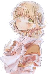 Rule 34 | 1girl, arm warmers, atoki, blonde hair, green eyes, highres, looking at viewer, mizuhashi parsee, pointy ears, scarf, shirt, short sleeves, sketch, solo, tears, touhou, upper body