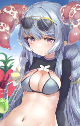 Rule 34 | 1girl, bendy straw, bikini, breasts, brown-framed eyewear, cleavage, closed mouth, cup, drink, drinking glass, drinking straw, eyewear on head, flower, grey bikini, grey hair, hibiscus, highres, horns, ice, ice cube, long hair, long sleeves, looking at viewer, medium breasts, navel, original, pointy ears, red eyes, red flower, saebashi, shrug (clothing), solo, sunglasses, swimsuit, upper body, very long hair, white flower