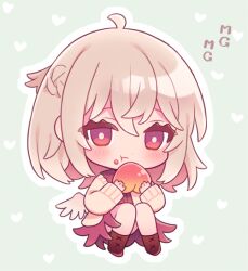 Rule 34 | 1girl, ahoge, blush, boots, braid, brown footwear, closed mouth, dress, eating, feathered wings, food, food on face, fruit, green background, grey hair, hair between eyes, heart, heart background, holding, holding food, holding fruit, jacket, kishin sagume, long sleeves, mg mg, open clothes, open jacket, outline, peach, purple dress, red eyes, short hair, single wing, solo, touhou, touya (konpekitou), white jacket, white outline, white wings, wings