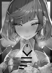 Rule 34 | 1boy, 1girl, after fellatio, bar censor, bare shoulders, blush, bob cut, breasts, censored, cum, cum in mouth, diagonal bangs, earrings, erection, genshin impact, gloves, greyscale, hetero, highres, jewelry, large breasts, large penis, looking at viewer, monochrome, penis, revision, short hair, solo focus, steam, sukoyaka93, sweat, yelan (genshin impact)