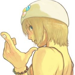 Rule 34 | 1girl, badge, bare shoulders, blonde hair, blue eyes, bracelet, button badge, foreshortening, hat, jewelry, looking back, pointing, profile, short hair, shu-mai, simple background, solo, upper body