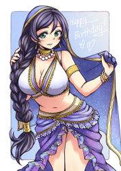 Rule 34 | 10s, 1girl, aqua eyes, armlet, blush, bracelet, braid, breasts, cleavage, curvy, dancer, earrings, gradient background, green eyes, hair over shoulder, happy birthday, heart, jewelry, large breasts, long hair, looking at viewer, love live!, love live! school idol festival, love live! school idol project, midriff, nail polish, navel, necklace, parted lips, pas (paxiti), purple hair, single braid, smile, solo, tojo nozomi, very long hair, wide hips