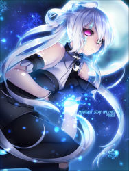 Rule 34 | 1girl, aqua eyes, armband, ascot, bad id, bad pixiv id, black gloves, blue background, brooch, closed mouth, collar, company name, copyright name, eyelashes, from below, gloves, glowing, hair between eyes, hair rings, heterochromia, jewelry, light frown, light particles, long hair, looking at viewer, moon, no pupils, phantasy star, phantasy star online 2, pink eyes, sega, sleeveless, snowflakes, solo, squatting, very long hair, white hair, yutazou