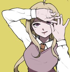 1girl ahoge akamatsu_kaede blonde_hair blush breasts collared_shirt commentary_request danganronpa_(series) danganronpa_v3:_killing_harmony hands_up long_hair long_sleeves looking_at_viewer necktie orange_necktie pink_sweater_vest pink_vest school_uniform shirt smile solo sweater_vest takkiiv3_(relationship) vest white_shirt yellow_background