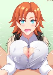 Rule 34 | 1boy, 1girl, :d, between breasts, blue eyes, blush, breasts, cleavage, cleavage cutout, clothed sex, clothing cutout, covered erect nipples, heart cutout, hetero, highres, large breasts, looking at viewer, nora valkyrie, open mouth, orange hair, paizuri, paizuri under clothes, penis, pov, rwby, short hair, smile, sowilo, uncensored