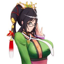 Rule 34 | 1girl, black-framed eyewear, black hair, breasts, chinese clothes, eyeshadow, glasses, hair rings, large breasts, looking at viewer, makeup, mole, mole under mouth, samurai spirits, solo, updo, wu-ruixiang
