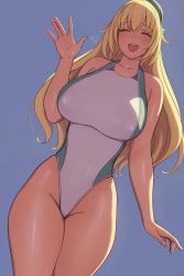 Rule 34 | 1girl, atago (kancolle), beret, blonde hair, blue background, blush, breasts, closed eyes, commentary, competition swimsuit, english commentary, female focus, hat, heart, highres, huge breasts, kantai collection, large breasts, long hair, lvl (sentrythe2310), one-piece swimsuit, open mouth, simple background, smile, solo, swimsuit, thick thighs, thighs, waving