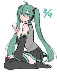 Rule 34 | 1girl, ahoge, boots, detached sleeves, green eyes, green hair, hatsune miku, headset, highres, kitte (kittesan), long hair, sitting, sleeveless, solo, thigh boots, thighhighs, twintails, v, vocaloid, wariza, white background, zettai ryouiki