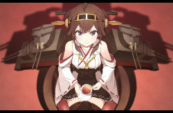 Rule 34 | 10s, 1girl, ahoge, bad id, bad pixiv id, black border, black tea, blue eyes, border, brown hair, cup, detached sleeves, double bun, hairband, headgear, kantai collection, kongou (kancolle), letterboxed, long hair, looking at viewer, machinery, nontraditional miko, pemu, pomon illust, smile, solo, tea, teacup, thighhighs, turret, zettai ryouiki