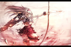 Rule 34 | 10s, 1girl, archery, battle, blush, boots, bow (weapon), brown eyes, damaged, flight deck, gloves, hair ribbon, hairband, japanese clothes, kantai collection, kyuudou, letterboxed, long hair, muneate, partially fingerless gloves, partly fingerless gloves, personification, ribbon, shoukaku (kancolle), single glove, skirt, solo, sumisu (mondo), thigh boots, thighhighs, torn clothes, weapon, white hair, yugake