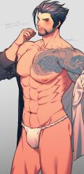 Rule 34 | 1boy, abs, arm tattoo, bara, bare pectorals, black hair, black shirt, blush, chest tattoo, closed mouth, facial hair, fundoshi, hanzo (overwatch), highres, japanese clothes, large pectorals, looking at viewer, male focus, muscular, muscular male, navel, nipples, nkraae, open clothes, open shirt, overwatch, overwatch 2, pectorals, shirt, short hair, simple background, solo, tattoo, thighs, translation request, two-tone shirt, white shirt