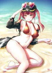 Rule 34 | 1girl, :d, arm support, arm up, armpits, arrow through heart, bad id, bad pixiv id, bare legs, bare shoulders, barefoot, baseball cap, beach, bikini, black hat, black jacket, blush, breasts, cleavage, day, eyewear on headwear, finalcake, grin, hair ribbon, hat, heart, heart-shaped eyewear, heterochromia, highres, hololive, houshou marine, houshou marine (summer), jacket, large breasts, long hair, long sleeves, looking at viewer, lying, navel, on side, open clothes, open jacket, open mouth, outdoors, pink-tinted eyewear, purple hair, red bikini, red eyes, red ribbon, ribbon, salute, shallow water, signature, smile, solo, stomach, swimsuit, teeth, thighs, tinted eyewear, twintails, virtual youtuber, water, yellow eyes