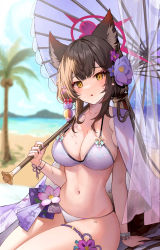 Rule 34 | 1girl, :o, animal ear fluff, animal ears, beach, bead bracelet, beads, bikini, blue archive, blue sky, blush, bracelet, breasts, brown hair, day, dot nose, flower, fox ears, fox girl, fox tail, hair flower, hair ornament, halo, highres, holding, holding umbrella, jewelry, large breasts, long hair, looking at viewer, low twintails, nail polish, navel, outdoors, palm tree, parasol, pink flower, pink nails, purple flower, raised eyebrows, sitting, sky, solo, stomach, swimsuit, tail, thigh strap, thighs, tikakaa, tree, twintails, umbrella, very long hair, wakamo (blue archive), wakamo (swimsuit) (blue archive), wet, wristband, yellow eyes