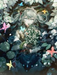 Rule 34 | 1girl, black gloves, bug, butterfly, flower, gloves, green eyes, green hair, hatsune miku, highres, holding, holding flower, insect, liita (dusk snow), lily pad, looking at viewer, miku with you (vocaloid), outdoors, partially submerged, smile, solo, twintails, vocaloid