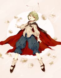Rule 34 | 1girl, androgynous, antennae, bad id, bad twitter id, black cape, black footwear, blue shorts, cape, collared shirt, commentary request, dutch angle, flat chest, flower, green eyes, green hair, hair between eyes, highres, izari, looking at viewer, red cape, shirt, shoes, short hair, shorts, socks, solo, touhou, two-sided cape, two-sided fabric, white flower, white shirt, white socks, wriggle day, wriggle nightbug