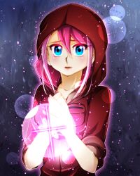 Rule 34 | 1girl, alternate costume, blue eyes, bracelet, collarbone, glowing, hiiragi yuzu, jewelry, looking at viewer, multicolored hair, open mouth, pink hair, short twintails, solo, twintails, two-tone hair, utage-kai, yu-gi-oh!, yu-gi-oh! arc-v