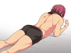 Rule 34 | 10s, 1boy, ass, back, bed sheet, boxers, free!, from behind, gradient background, lying, male focus, male underwear, matsuoka rin, megumi-square, on stomach, red hair, solo, towel, towel around neck, underwear, wet, wet hair