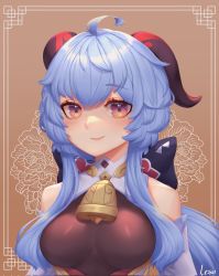 Rule 34 | 1girl, absurdres, ahoge, bare shoulders, bell, blue hair, blush, bow, breasts, closed mouth, commentary, curled horns, detached sleeves, dress, english commentary, ganyu (genshin impact), genshin impact, goat horns, hair bow, highres, horns, lesu, lips, long hair, looking at viewer, medium breasts, neck bell, pink lips, portrait, red eyes, red horns, sidelocks, signature, sleeveless, sleeveless dress, smile, solo, very long hair