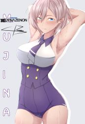 Rule 34 | armpits, arms behind back, arms up, artist name, blue eyes, blush, breasts, buttons, character name, collar, copyright name, grey background, gridman universe, highres, large breasts, leotard, military, military uniform, mujina, necktie, no pants, pink hair, purple leotard, purple shorts, short hair, shorts, simple background, sleeveless, solo, ssss.dynazenon, sweat, thighs, uniform, user wzmp8782, white uniform