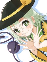 Rule 34 | 1girl, absurdres, black hat, closed mouth, commentary request, green eyes, green hair, hat, hat ribbon, heart, heart of string, highres, kanitama1210, koishi day, komeiji koishi, ribbon, short hair, simple background, smile, solo, third eye, touhou, upper body, v-shaped eyebrows, white background, wide sleeves, yellow ribbon