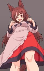 Rule 34 | 1girl, animal ears, blush, breasts, brown hair, commentary, commentary request, dress, fang, fingernails, grey background, highres, imaizumi kagerou, kakone, long fingernails, long hair, long sleeves, looking at viewer, one-hour drawing challenge, open mouth, red dress, red eyes, simple background, solo, touhou, two-tone dress, white dress, wolf ears, wolf girl